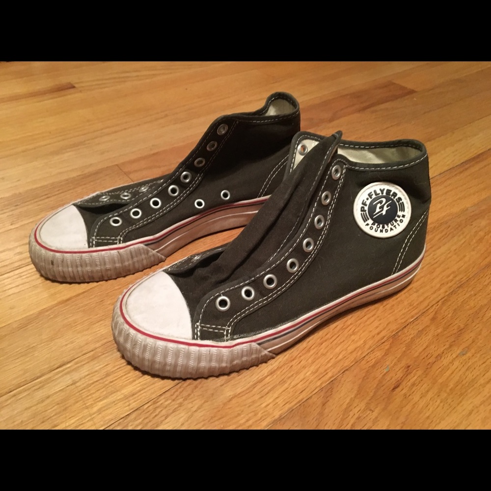 Green PF Flyers, womens 7.5, men’s 6, No laces